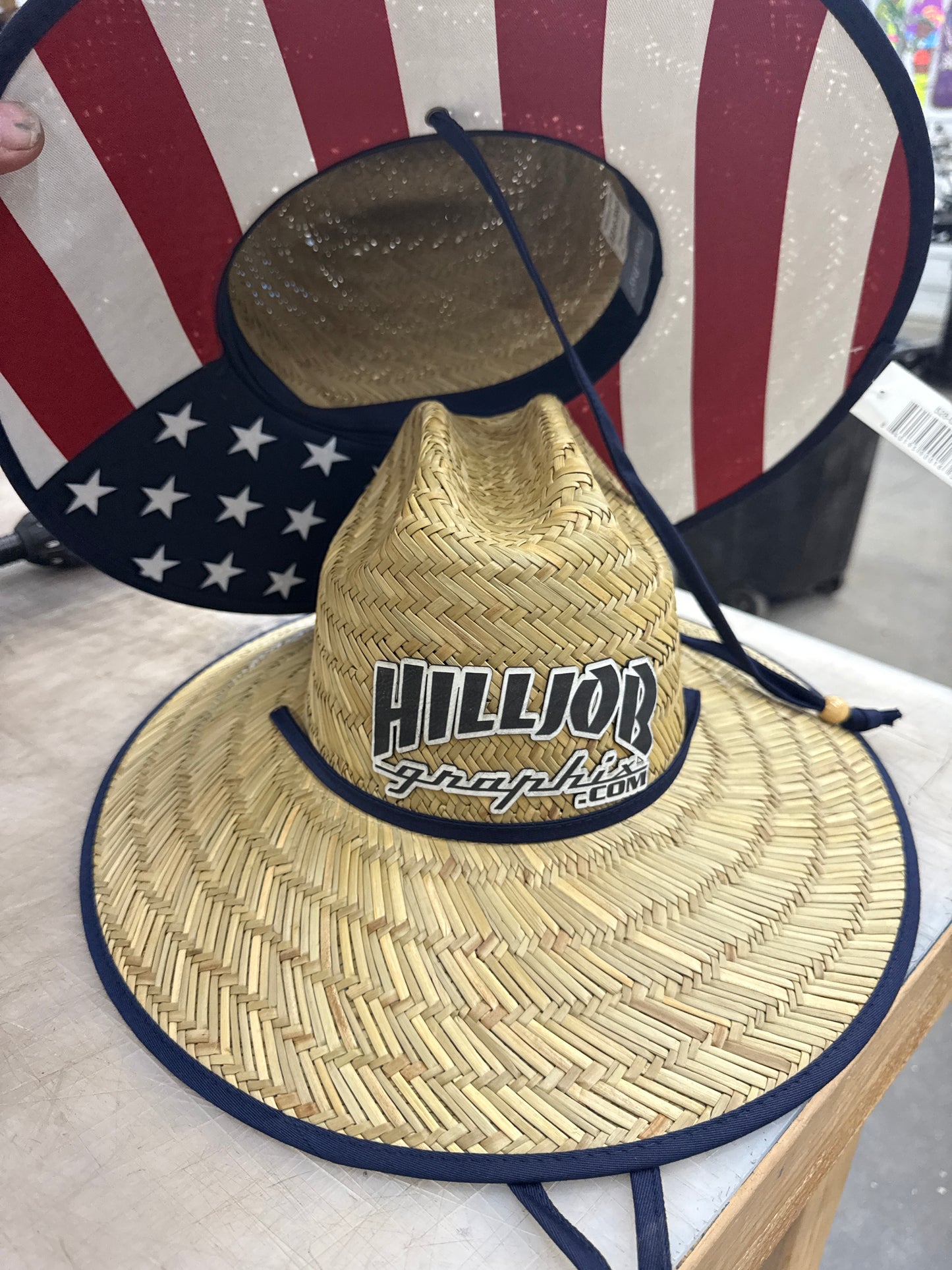 Hilljob Graphix straw hat w/ american flag on bottom