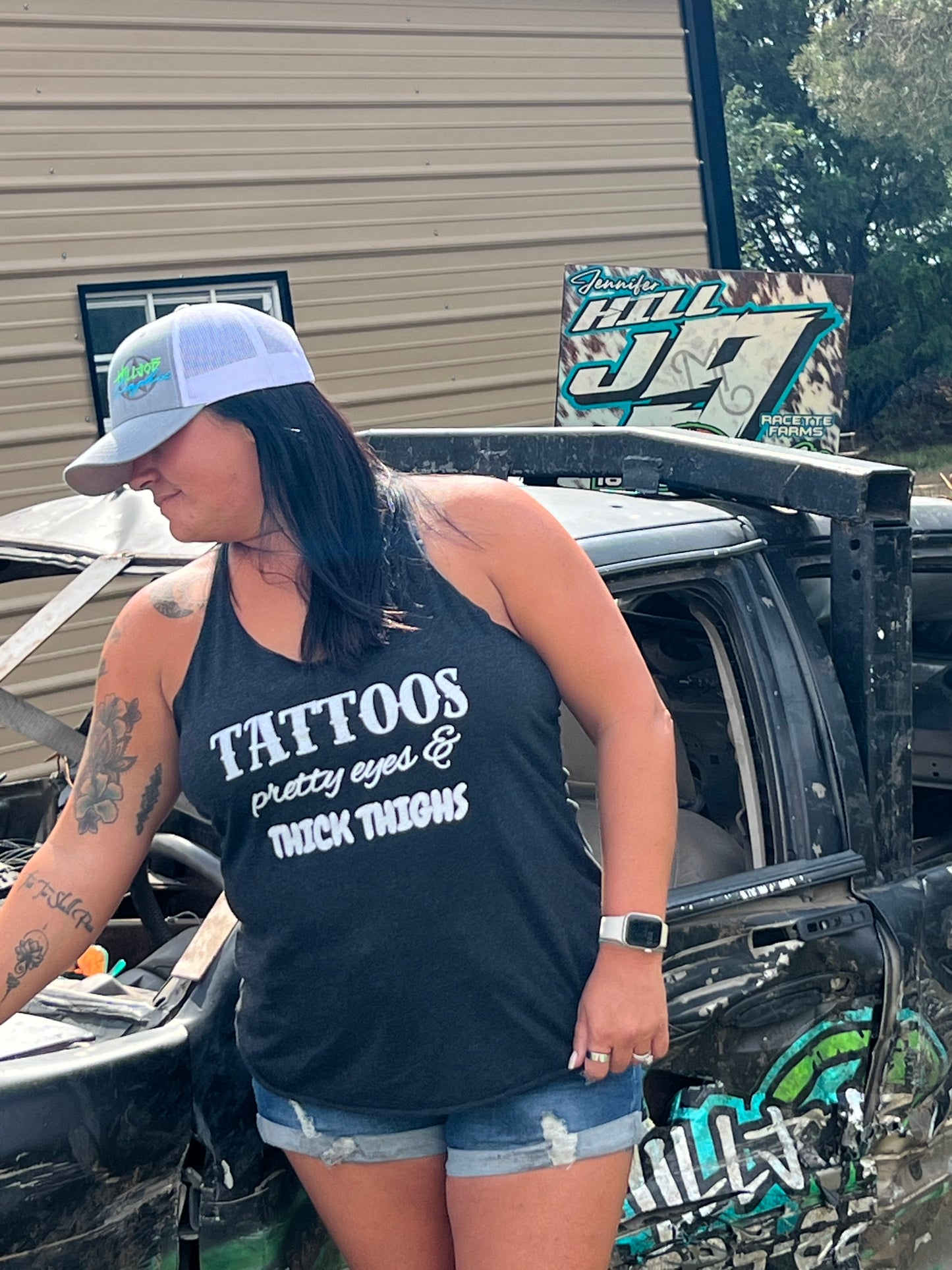 Tattoos, Pretty Eyes & Thick Thighs tank